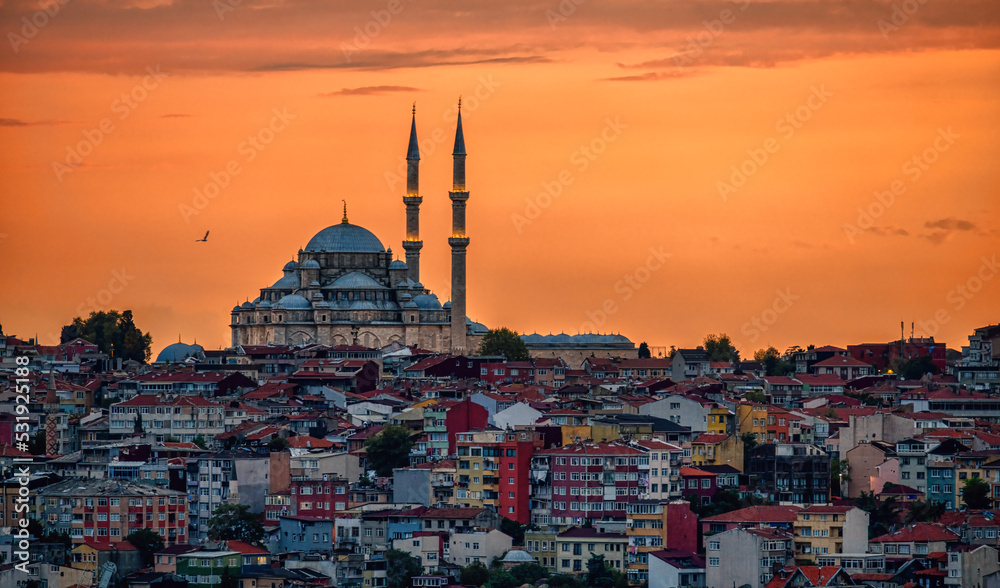 Naklejka premium Yavuz Sultan Selim Mosque in Istanbul at sunset