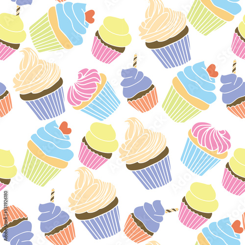Seamless sweet pattern background with different cupcake or muffins. Vector illustration