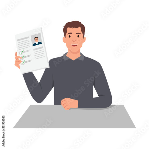 Young man candidate hold CV with all filled form application. Successful man work applicant show excellent experience at interview. Flat vector illustration isolated on white background