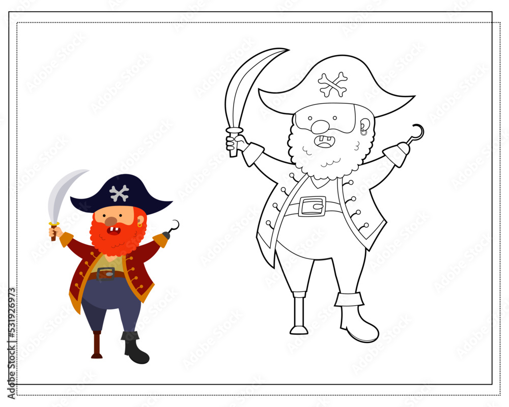 Coloring book for kids, cartoon pirate with a wooden leg. Vector isolated on a white background