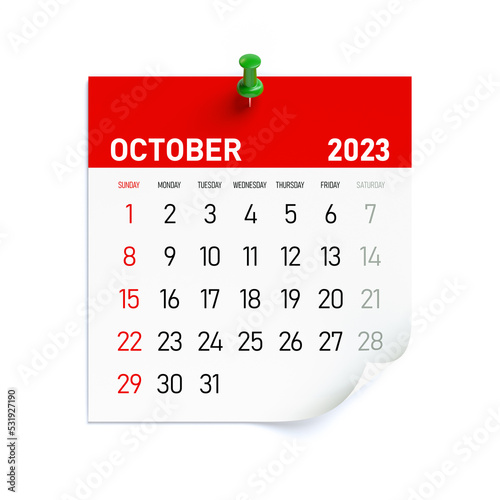October 2023 - Calendar. Isolated on White Background. 3D Illustration