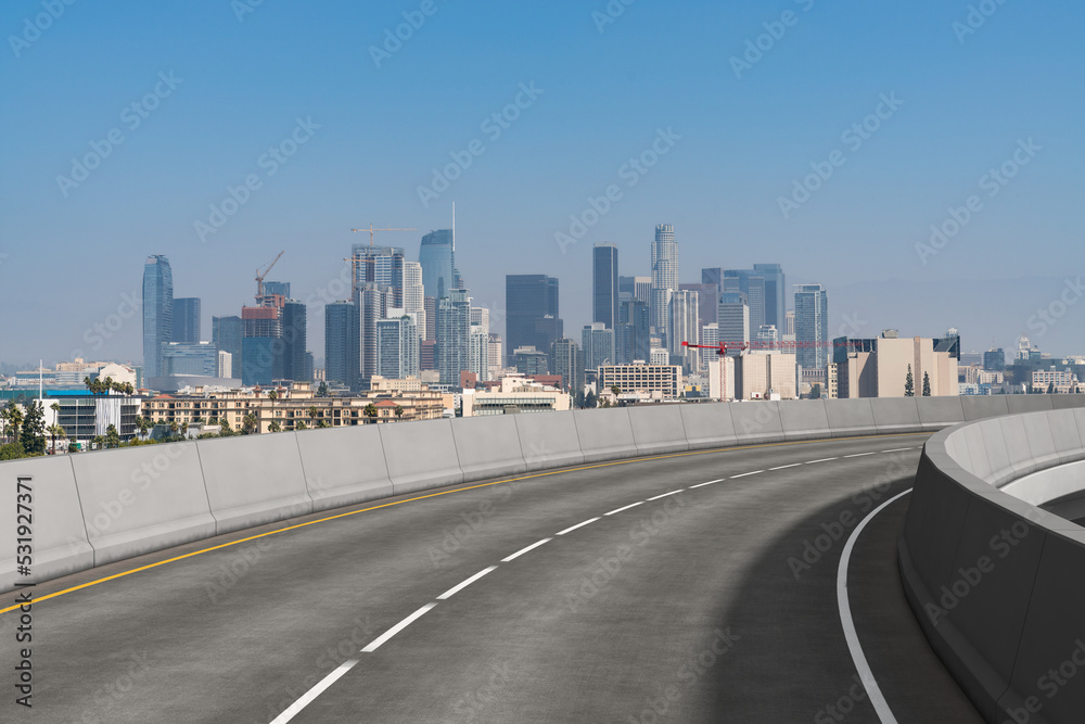 Obraz premium Empty urban asphalt road exterior with city buildings background. New modern highway concrete construction. Concept of way to success. Transportation logistic industry fast delivery. Los Angeles. USA.