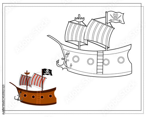 Coloring book for kids, pirate ship. Vector isolated on a white background