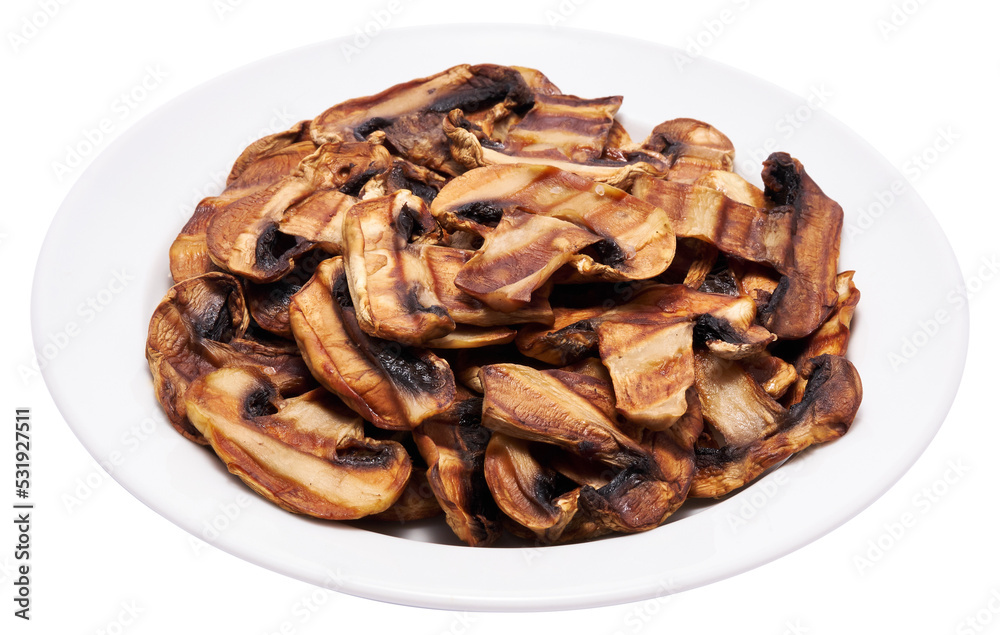 Grilled Slices of champignon mushrooms with stripes from a grill in ceramic plate Grilled Slices of champignon mushrooms with stripes from a grill in ceramic plate