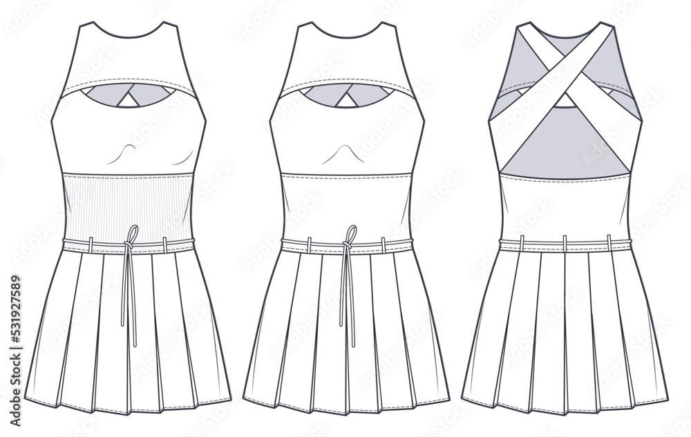 Pleated Jersey Dress technical fashion illustration. Mini Dress fashion