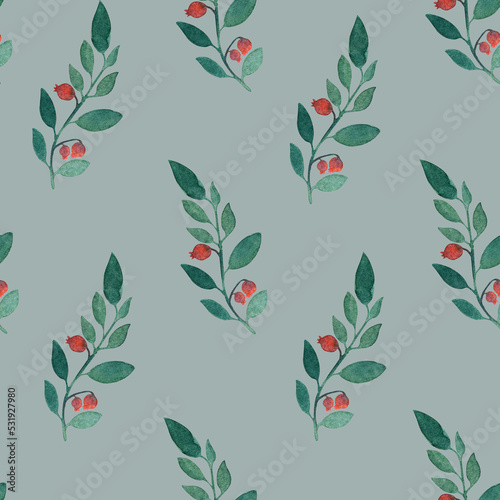 Watercolor seamless hand drawn botanical pattern with abstract red berries and green leaves