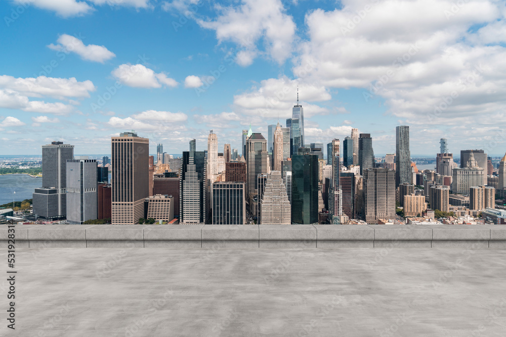 Skyscrapers Cityscape Downtown, New York Skyline Buildings. Beautiful Real Estate. Day time. Empty rooftop View. Success concept.