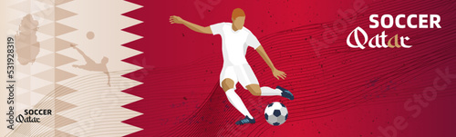Fussball Banner Qatar, Dynamischer Spieler vor rotem Hintergrund mit Fussball