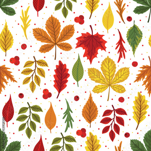 Vector colorful autumn seamless pattern with fall leaves  cone and mushrooms.