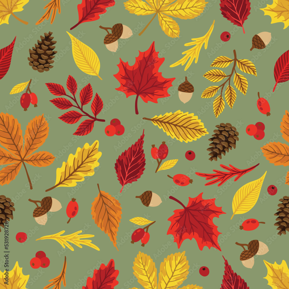 Obraz premium Autumn leaves pattern. Falling leaf seamless background with Oak, maple, chestnut, linden, aspen, walnut and rowan foliage.