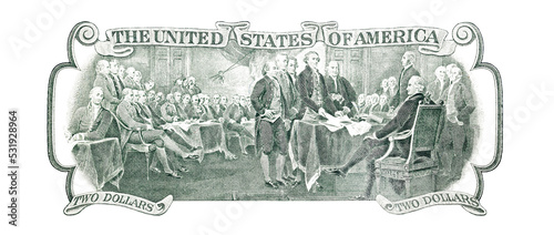 Transparent Trumbull's Declaration of Independence cut out  from 2 US dollar banknote photo