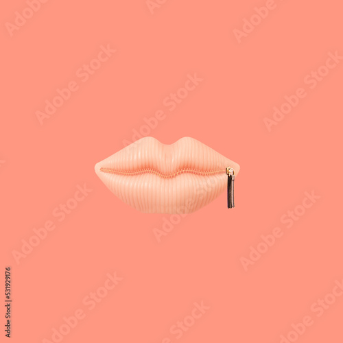 Pink sexy lips with a black zipper on the pastel background. Visual silence concept artwork.