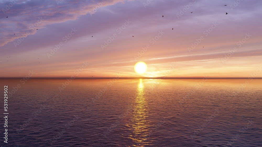 7680x4320. Panorama of sea sunrise, ocean sunrise, seascape. Romantic colorful sunset at the sea. The sun touches horizon. 