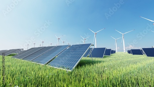 Panoramic view of wind farm or wind park, with high wind turbines for generation electricity with copy space. green energy concept. Sustainable energy production, clean power. 3d rendering.