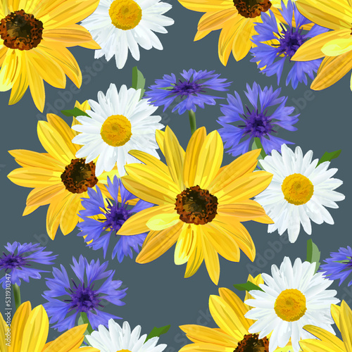 Flowers of sunflower, chamomile, blue cornflower on dark gray background in a random arrangement square format, floral seamless pattern, vector, EPS 10.