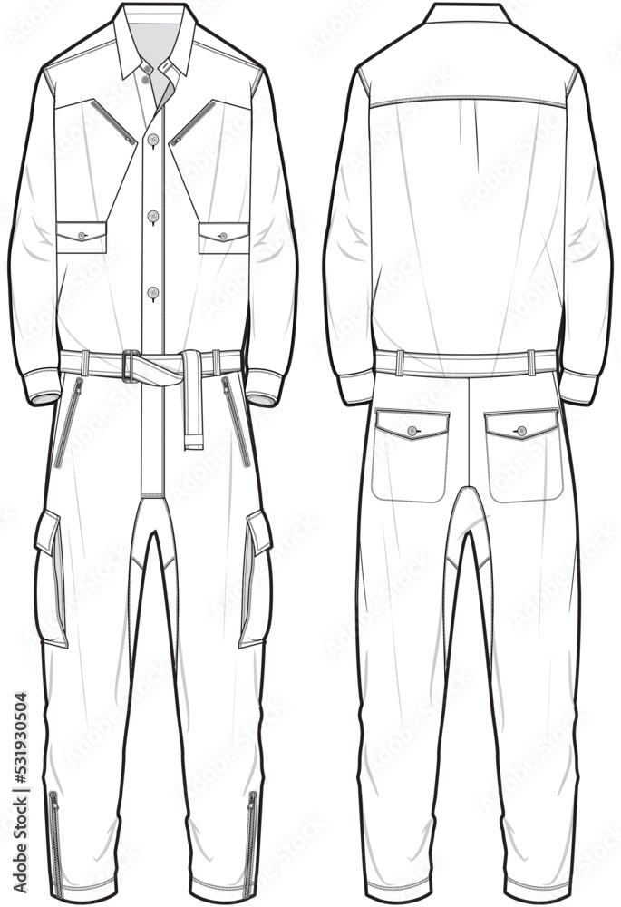 Men's Flight Suit, Men's Cargo Jumpsuit Front and Back View. Fashion