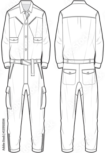 Men's Flight Suit, Men's Cargo Jumpsuit Front and Back View. Fashion Illustration, Vector, CAD, Technical Drawing, Flat Drawing, Template, Mockup.