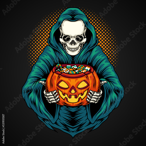 Grim reaper skull holding a pumpkin with candy