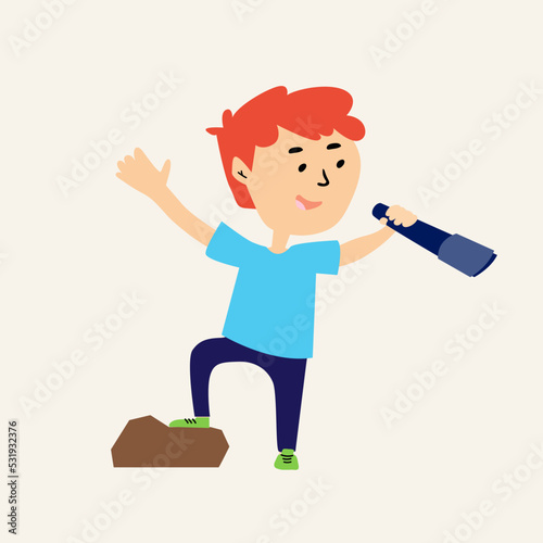 The redheaded boy with the spyglass. Child character isolated on white background. Hand drawn illustration