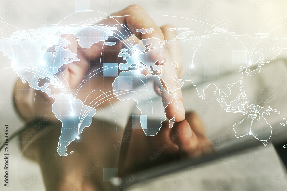 Abstract graphic digital world map with connections and finger presses on a digital tablet on background, globalization concept. Multiexposure Abstract graphic digital world map with connections and finger presses on a digital tablet on background, globalization concept. Multiexposure