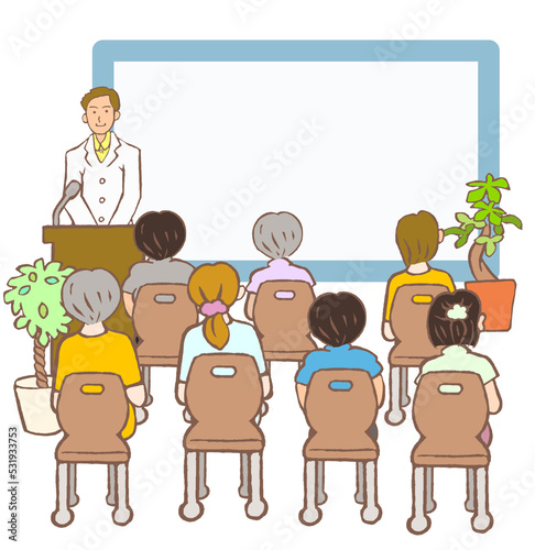講演会をする精神科の医師と参加者の後ろ姿のイラスト　観葉植物あり