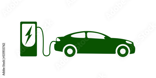 Electric car refueling icon symbol, EV car, Green hybrid vehicles charging point logotype, Eco friendly vehicle concept, Vector illustration