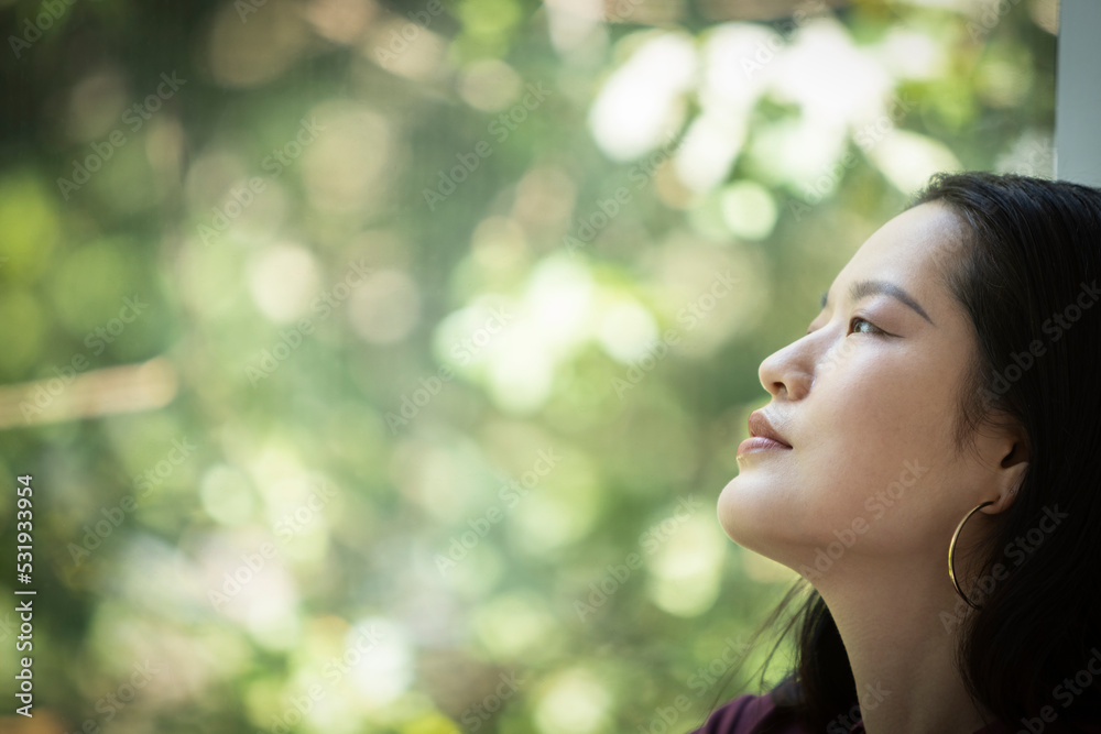 Profile serene young woman looking out window Profile serene young woman looking out window