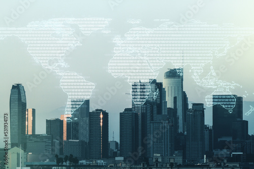 Multi exposure of abstract creative digital world map hologram on Los Angeles skyscrapers background, research and analytics concept