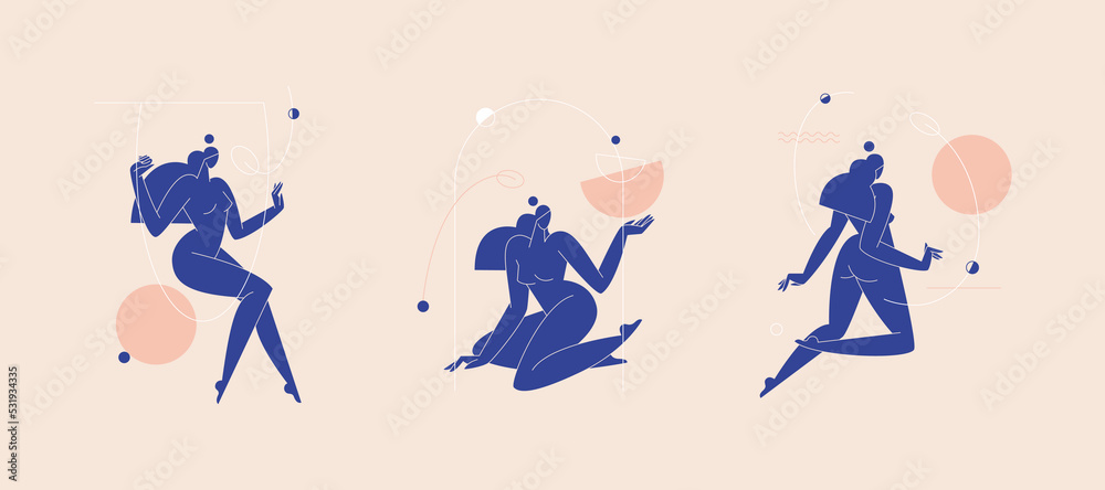 Contemporary woman silhouette vector illustration set. Nude female body, blue colored feminine figures, geometric shape abstract composition. Beauty, body care concept pack for branding. Modern art
