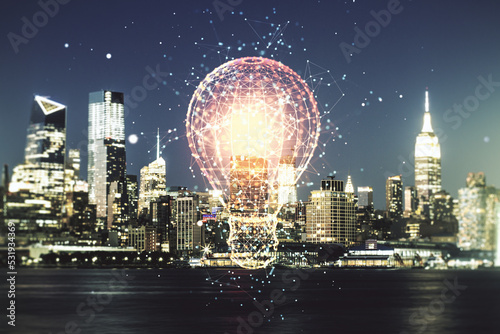 Abstract virtual light bulb illustration on New York cityscape background, future technology concept. Multiexposure