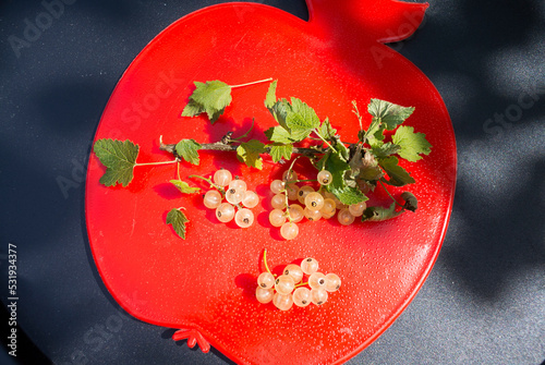 A bunch of white currant berries with leaves on a red plastic plate