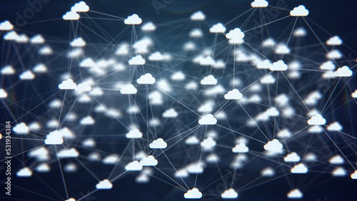 Internet cloud services icon with connection lines. Digital web cloud technology, business data systems, cloud computing, or document management data system abstract background concept. 3D render