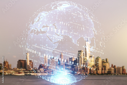 Multi exposure of abstract software development hologram and world map on New York city skyscrapers background, global research and analytics concept
