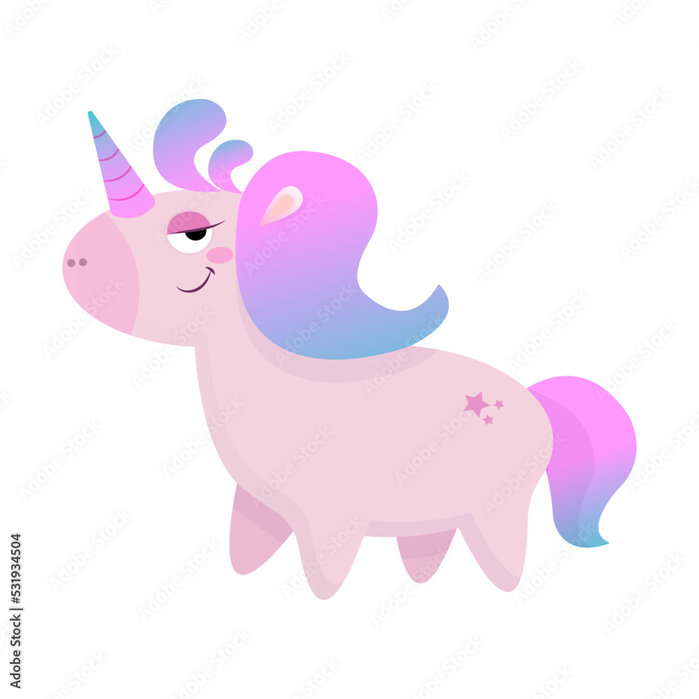 Cute pink unicorn in cartoon style isolated on white background