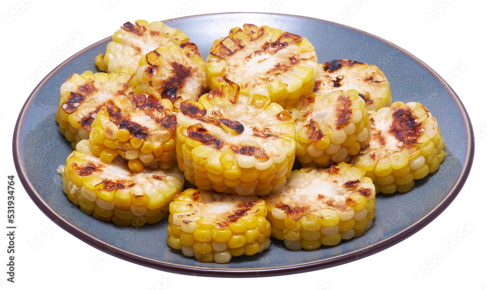 Grilled Slices of corn cobs with stripes from a grill in ceramic plate Grilled Slices of corn cobs with stripes from a grill in ceramic plate