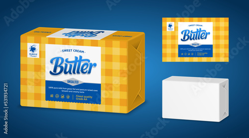 Butter package design. White paper or foil packaging for butter, margarine or spread photo