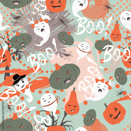 Halloween pattern. Ghosts and bats. Halloween seamless pattern