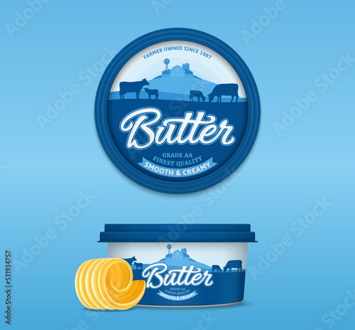 Butter package design with cows, calves and farm. Plastic round container mockup for butter, margarine or spread