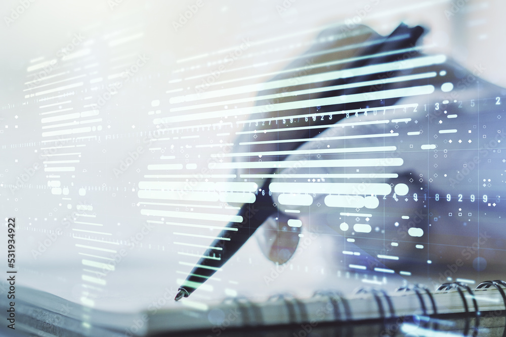 Obraz premium Double exposure of abstract digital world map and woman hand writing in notepad on background, big data and blockchain concept