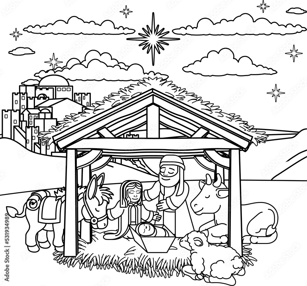 Nativity Scene Christmas Cartoon - obrazy, fototapety, plakaty 