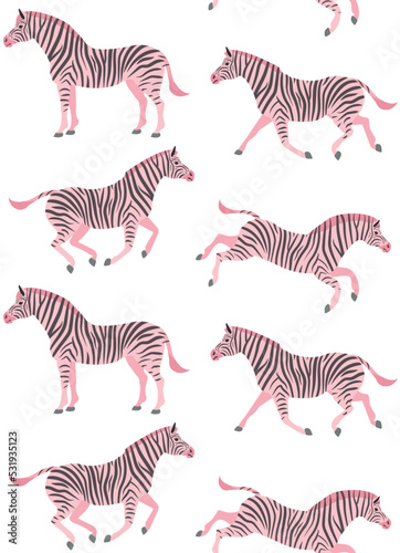 Vector seamless pattern of flat hand drawn pink zebra isolated on white background