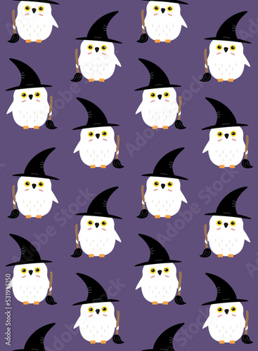 Vector seamless pattern of hand drawn flat witch Halloween owl isolated on violet background