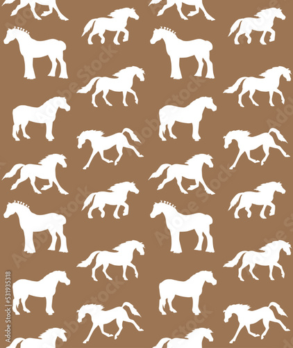 Vector seamless pattern of hand drawn horse breeds silhouette isolated on brown background