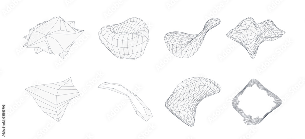 3d geometric shapes set. Wireframe vector figures. Graphic line obgects.