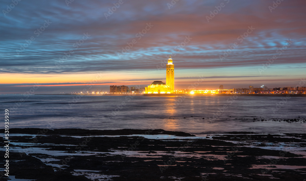 Landscape of Great Hassan II mosque at dusk - Casablanca, Morocco