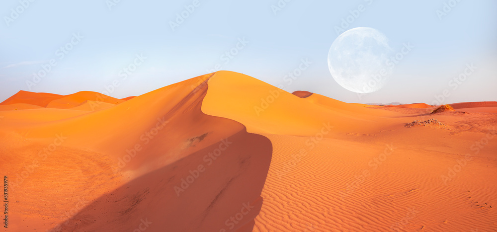 Beautiful sand dunes in the Sahara desert at sunrise with super full ...