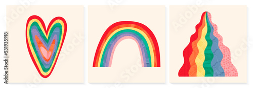 Collage rainbow vector poster design set. Abstract and positive minimalist background with brightl boho arc. Collection of scandinavian childish color illustration with brush texture. Equality symbol