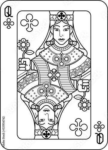Playing Card Queen of Clubs Black and White