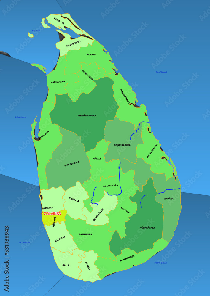 Administrative and political colored vector Map of Sri Lanka with colourful regions and Capital
