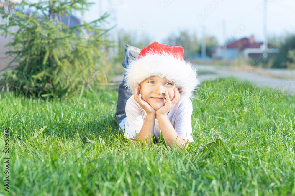 A child in a New Year's santa claus hat poses on the lawn
